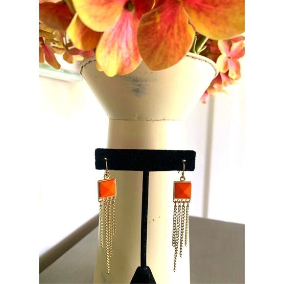 Vintage Prismatic cabochon Tassel Earrings, in Brushed Gold and Orange, Unmarked - Picture 2 of 3